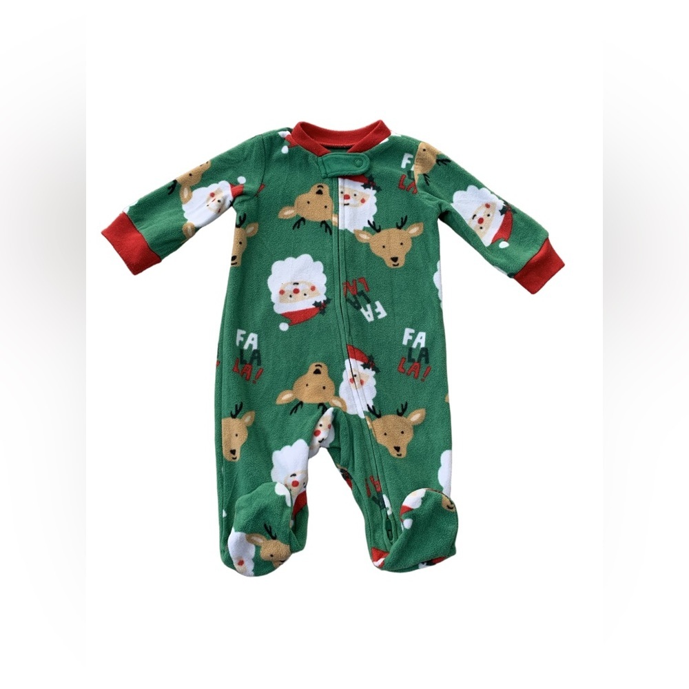 Carter's Size 3 Months Green Santa and Reindeer Fleece Footed Sleeper Pajamas